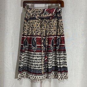 Vintage Passports Boho A-Line Knee-length Skirt in Beige, Red & Black
